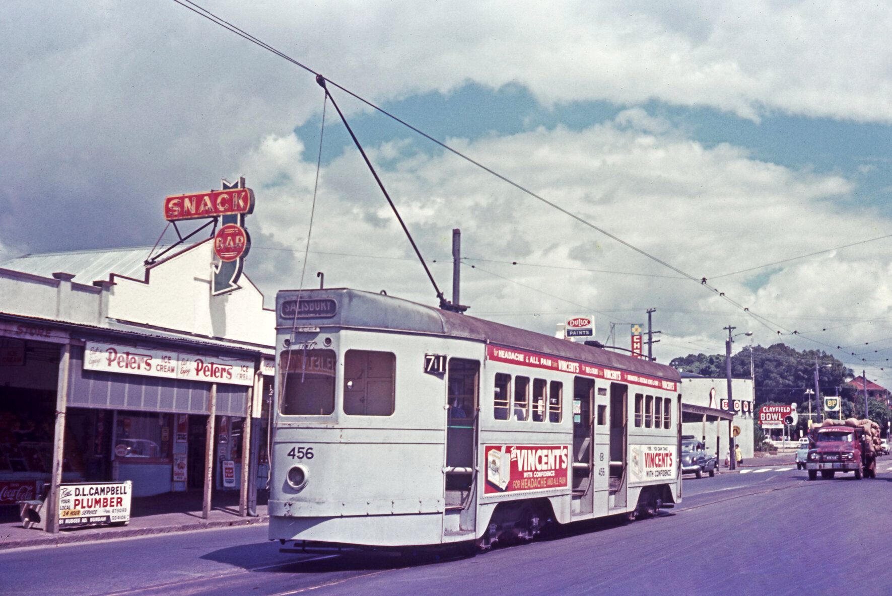 FM tram No. 456 at Sandgate Road terminus behind bowling alley, Clayfield - 1968