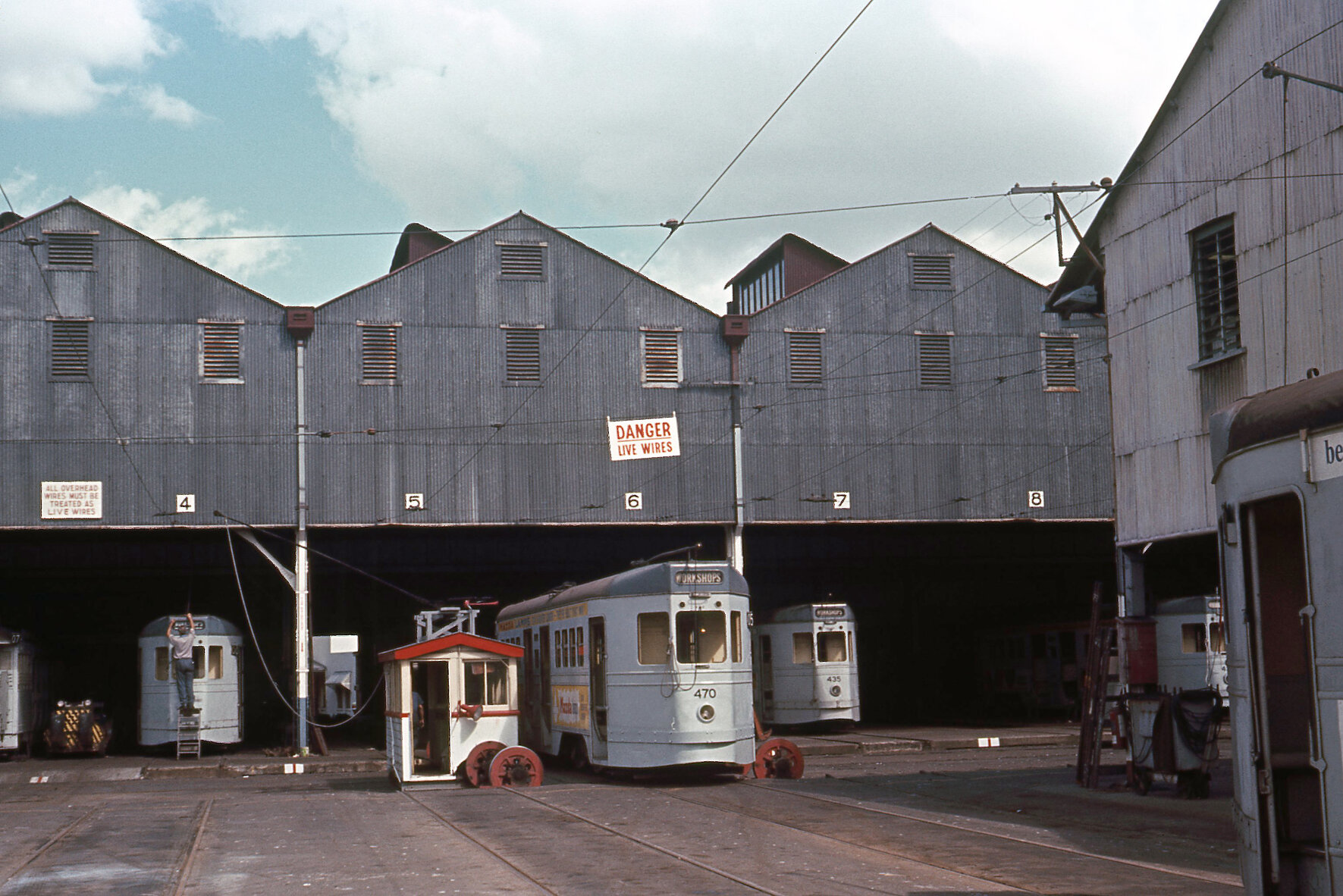 Tram No. 470 on traverser at Milton workshops - 1968