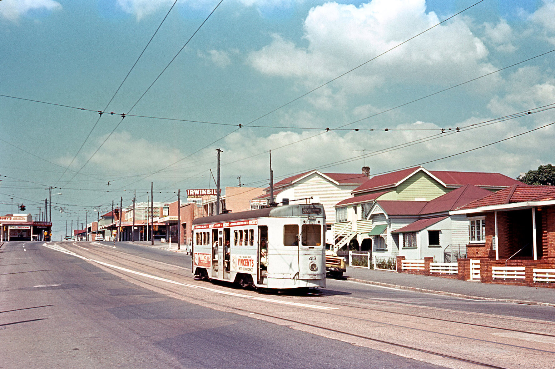 FM tram No. 413, Stanley Street, South Brisbane - 1968