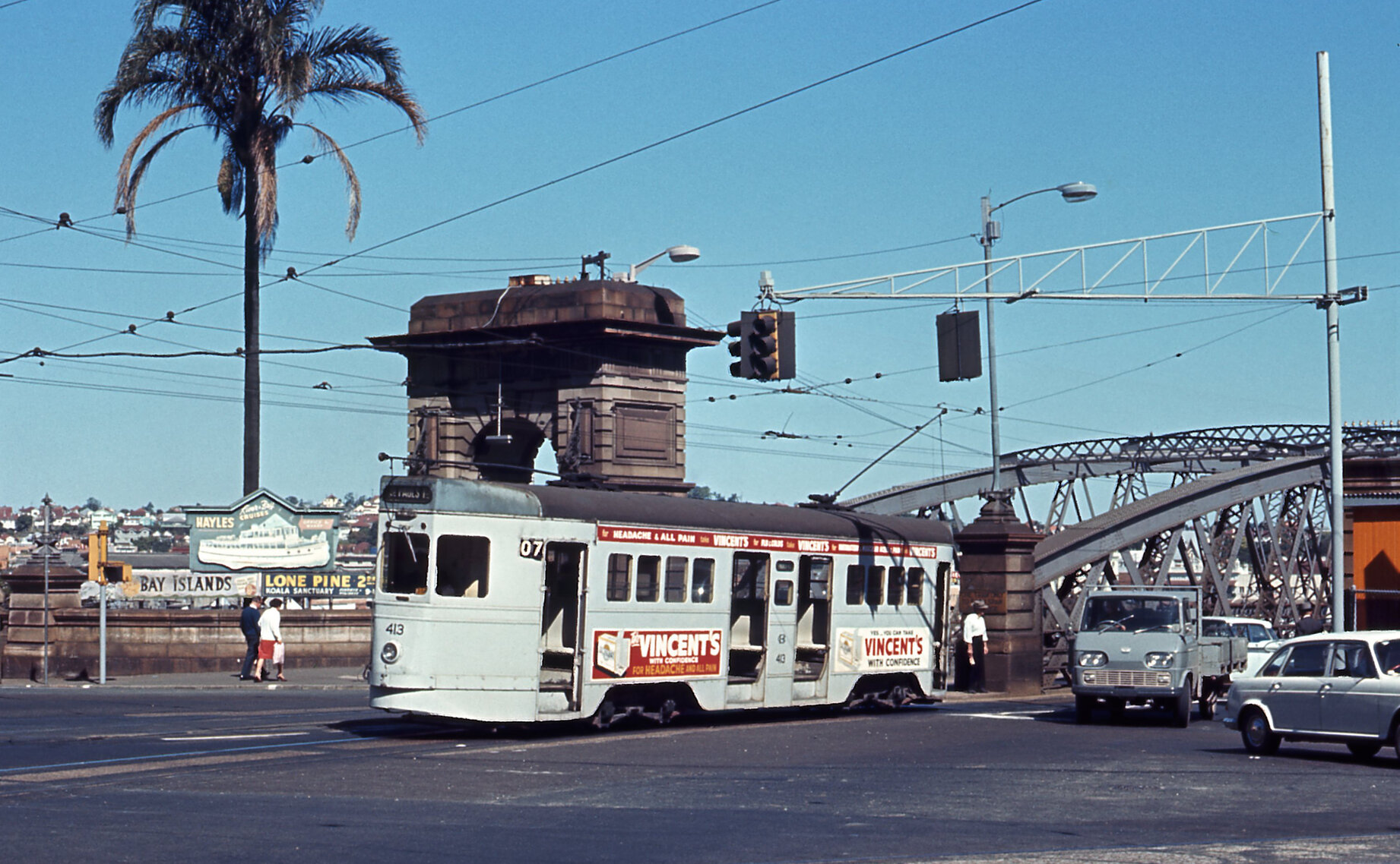 FM tram No. 413 leaving Victoria Bridge at North Quay - 1968