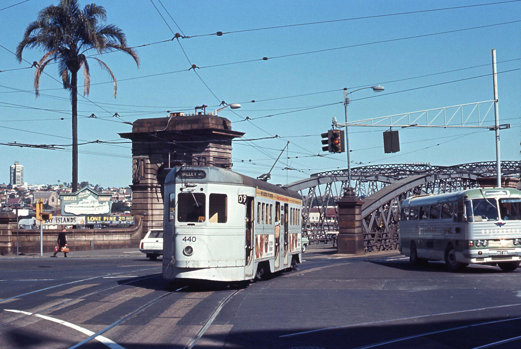 FM tram No. 440 leaving Victoria Bridge at North Quay - 1968