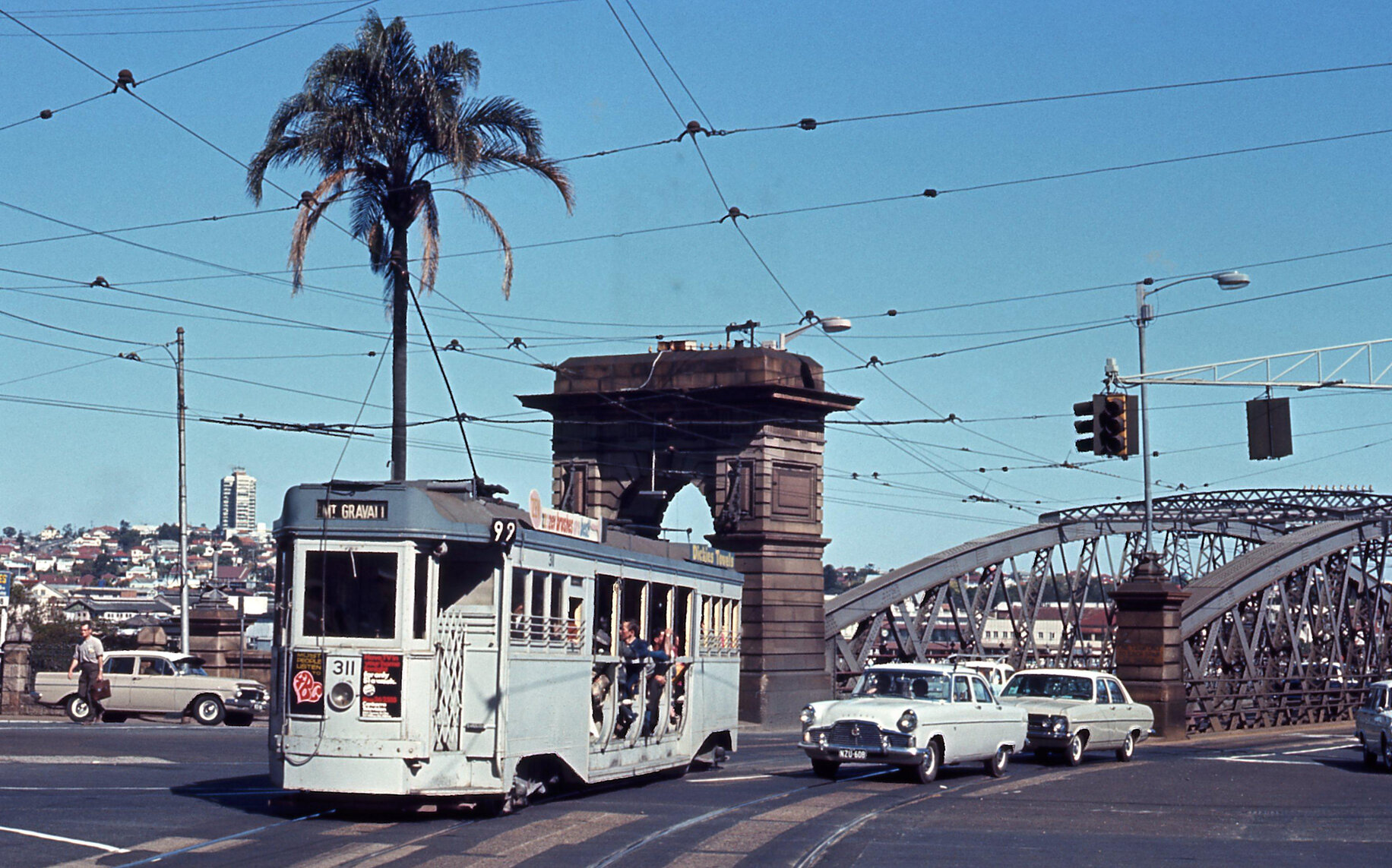 Drop centre tram No. 311 leaving Victoria Bridge at North Quay - 1968