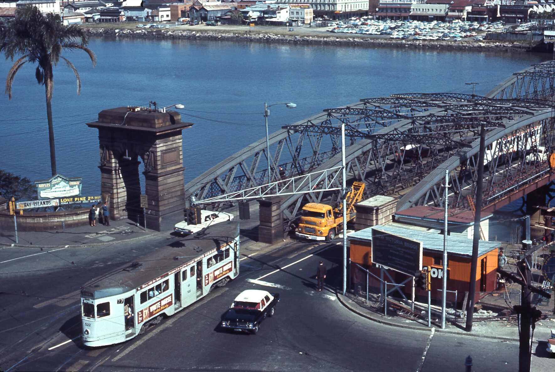 View of Victoria Bridge with tram No. 522 - 1968