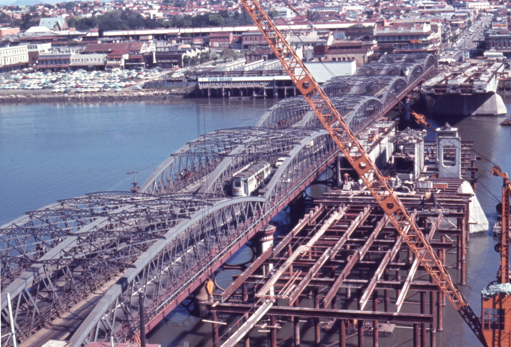 Tram crossing the Victoria Bridge towards Brisbane City - 1968