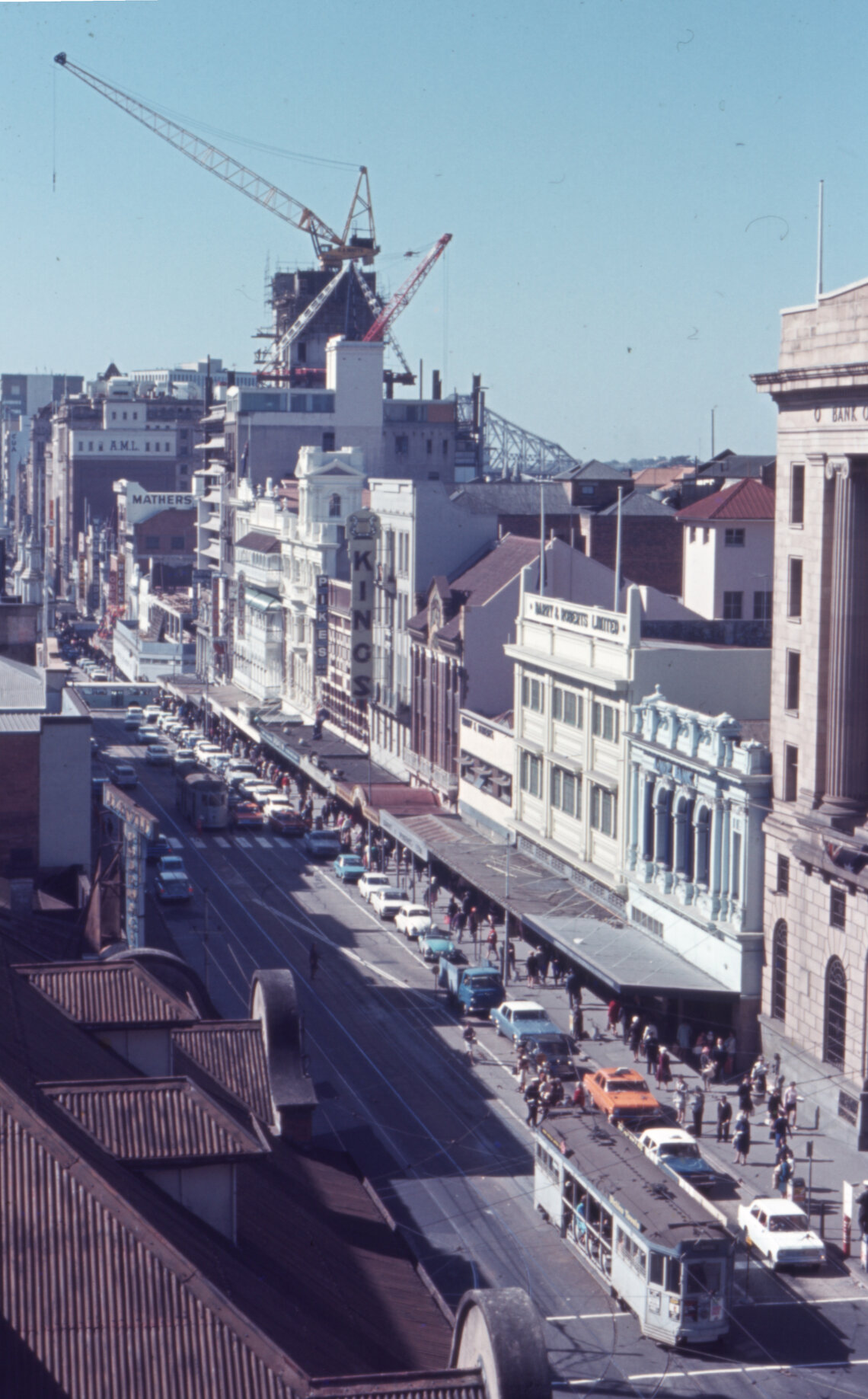 Tram No. 295 on Queen Street with skyline - 1968