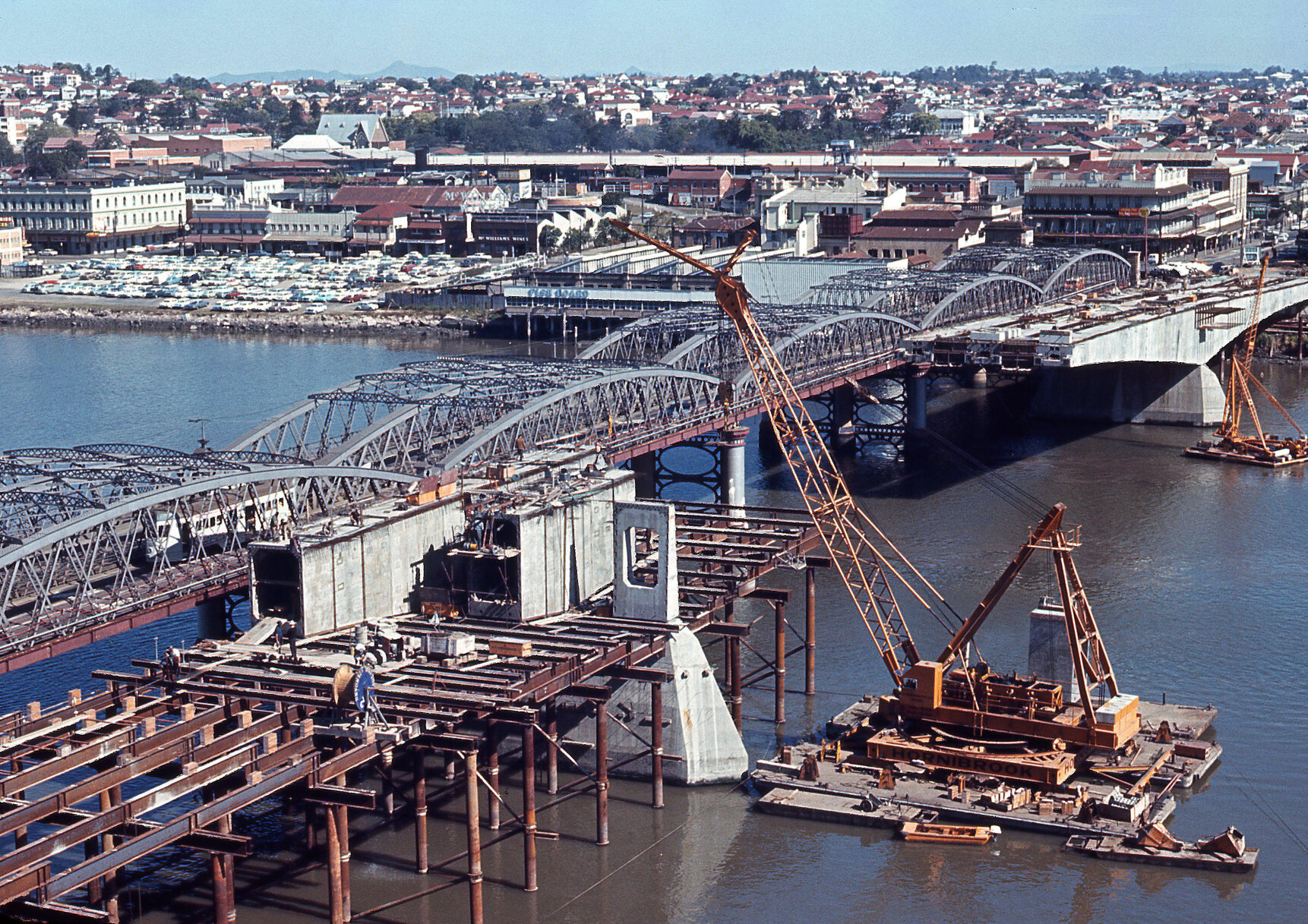 Tram crossing Victoria Bridge, looking towards South Brisbane - 1968