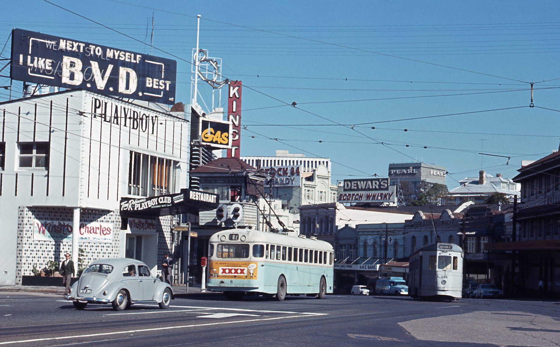 Sunbeam F28 trolley bus No. 6 and tram No. 496 at Petrie Bight - 1968