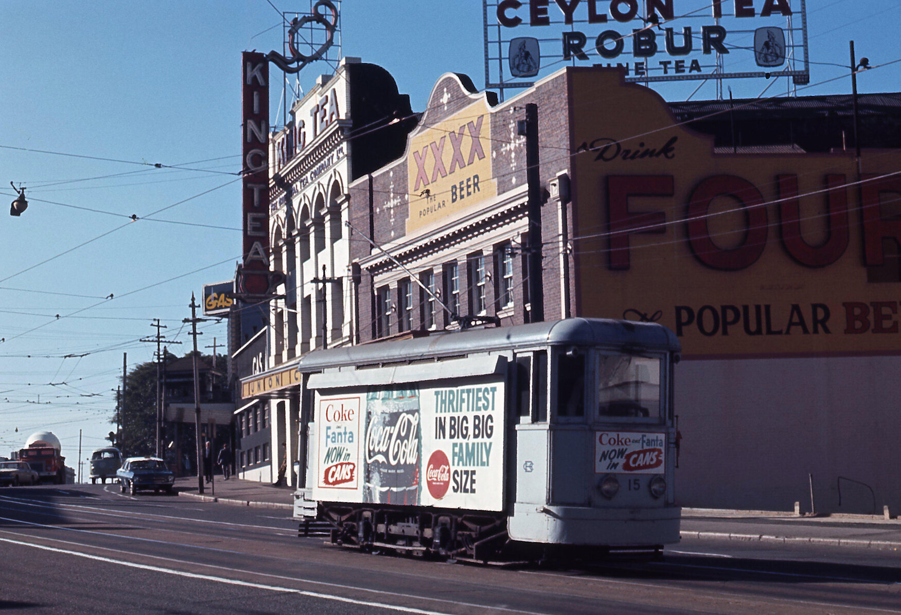 Tram No. 15 advertising Coke at Petrie Bight - 1968