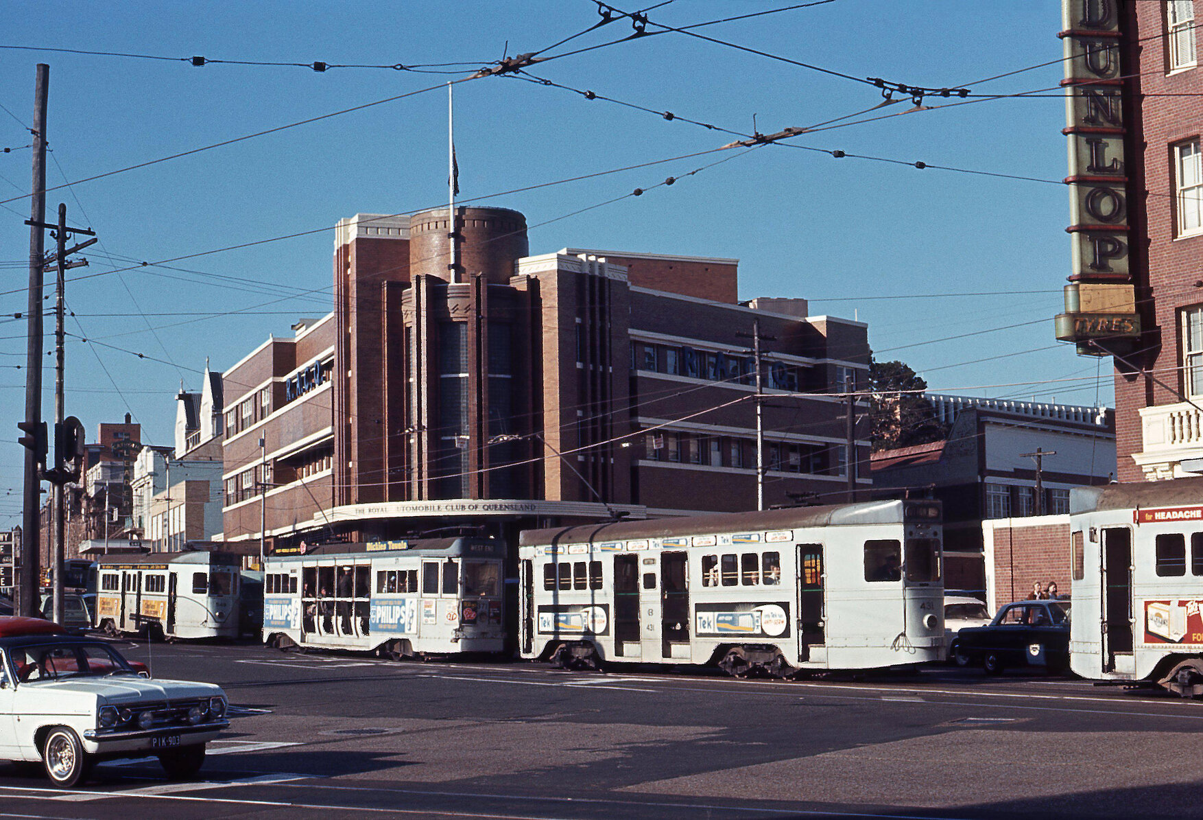 Trams No. 431, No. 549, and 371 at corner of Boundary Street and Ann Street, Fortitude Valley - 1968