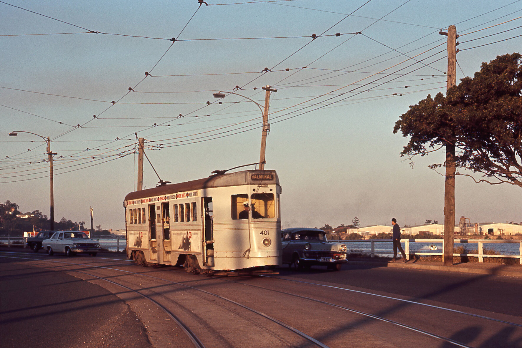 Tram No. 401 on Kingsford Smith Drive at sunset, Hamilton - 1968