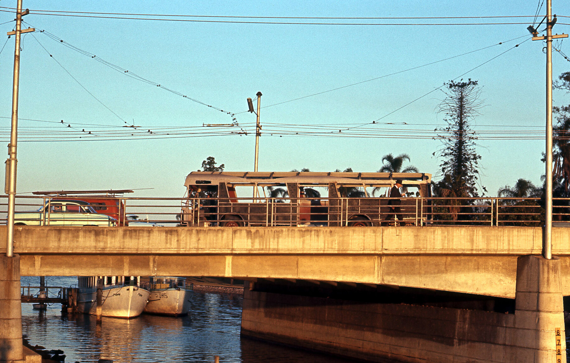 Incomplete Panther bus chassis on Breakfast Creek Bridge - 1968