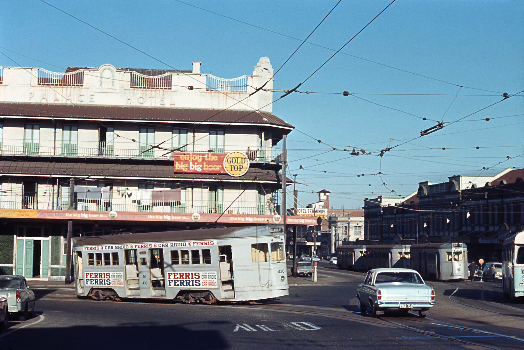 Tram No. 430 outside the Palace Hotel, Stanley Street, South Brisbane - 1968
