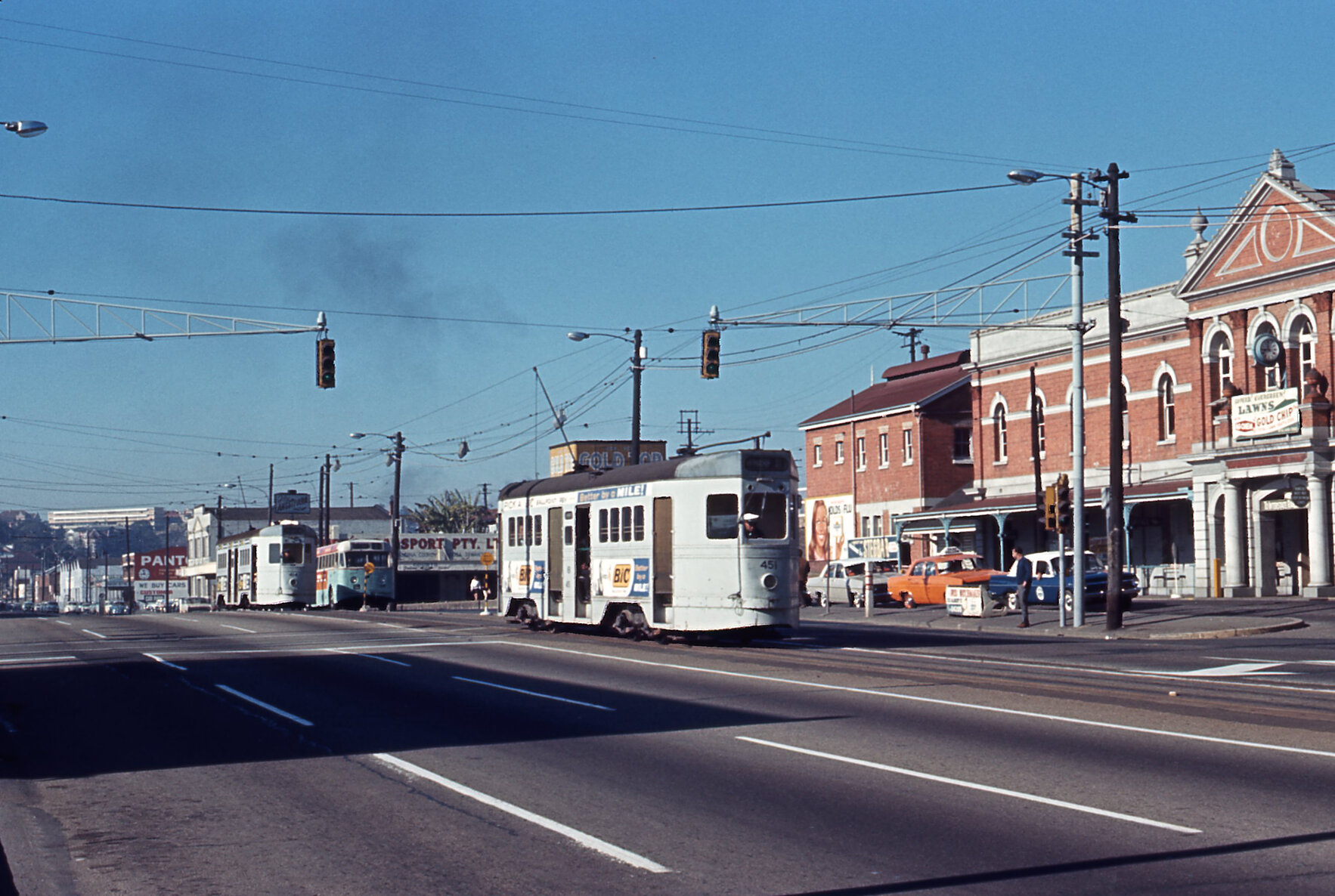 Trams No. 451 and No. 414 outside South Brisbane Station - 1964