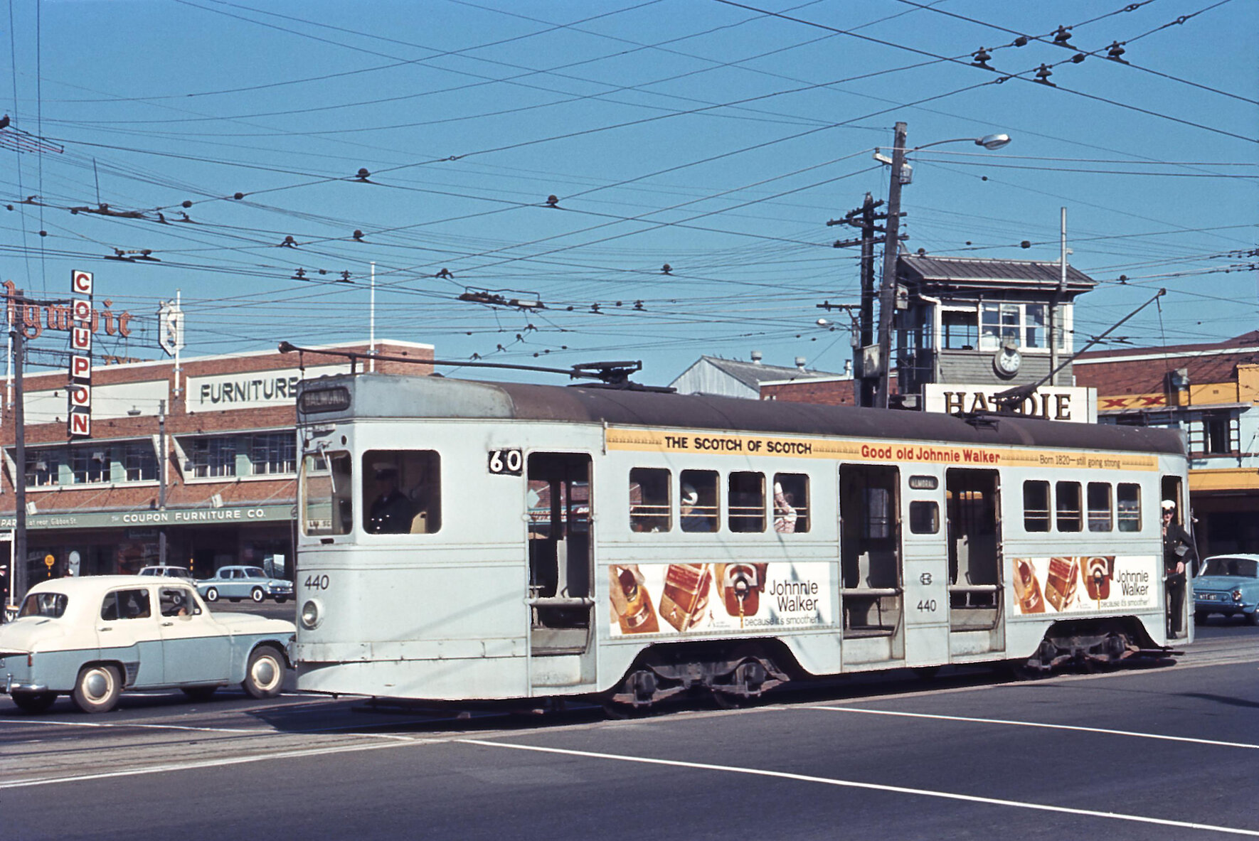 Tram No. 440 at intersection of Stanley Street, Logan Road, and Ipswich Road, Woolloongabba - 1968