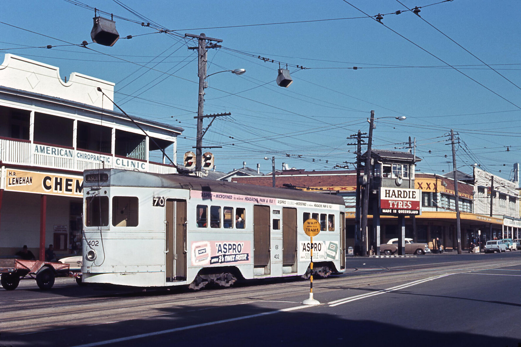 Tram No. 402 at intersection of Stanley Street, Logan Road, and Ipswich Road, Woolloongabba - 1968