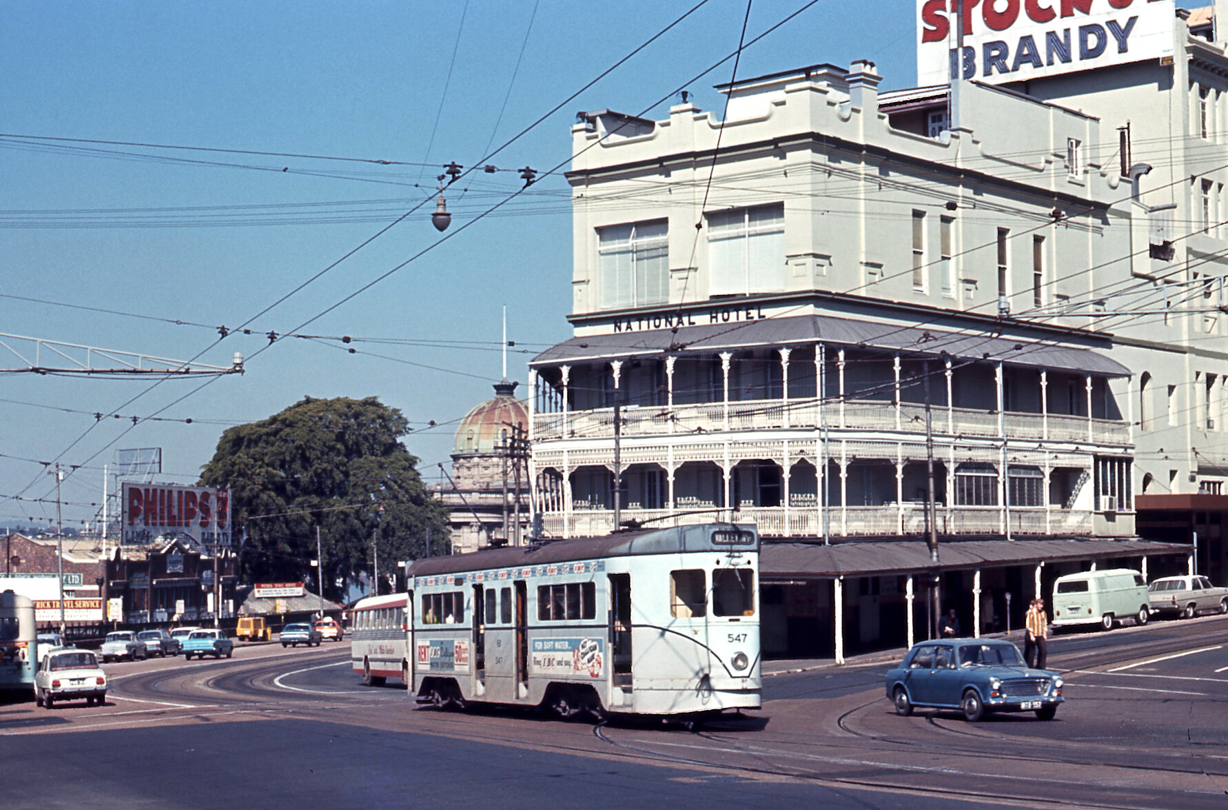 Tram No. 507 outside National Hotel and Customs House at corner of Adelaide Street and Queen Street - 1968