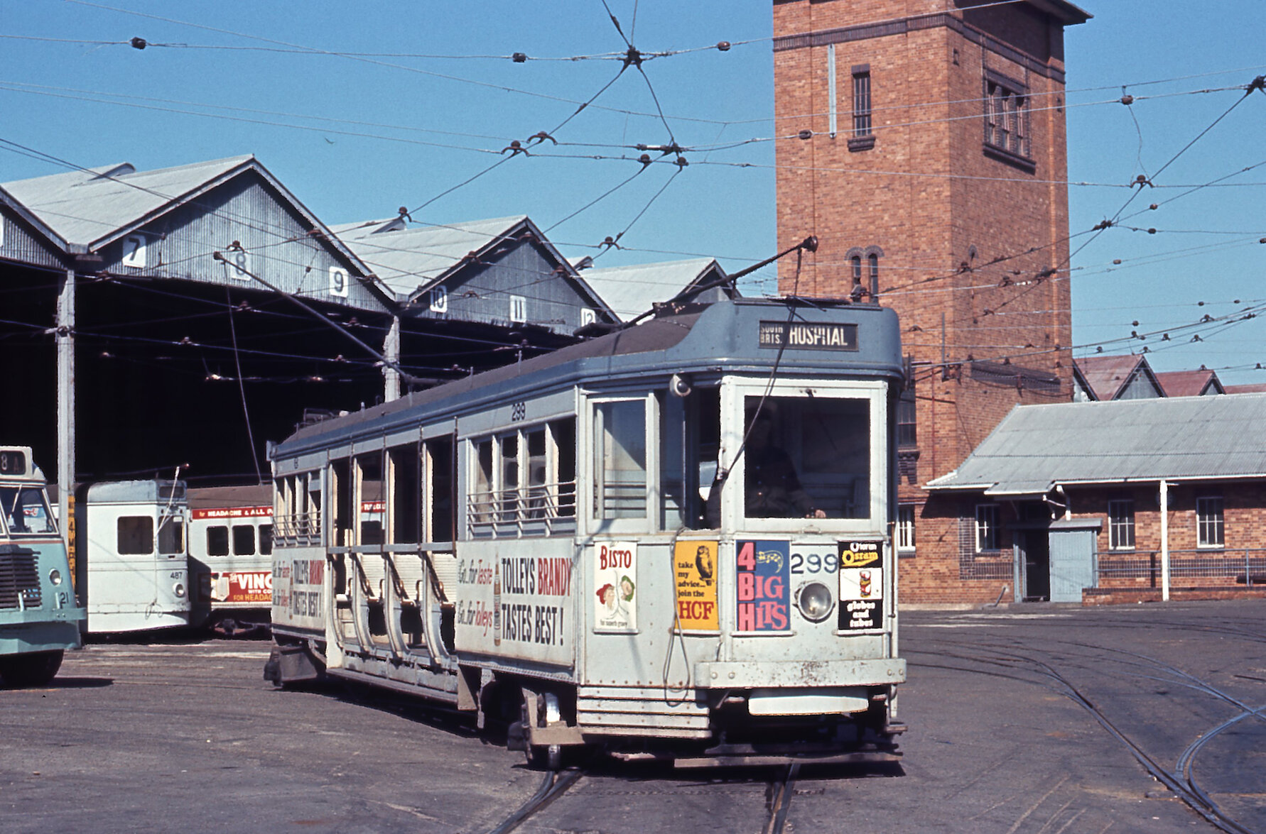 Trams No. 299 and No. 487 with AEC bus No. 21 at Annerley depot, Ipswich Road - 1968