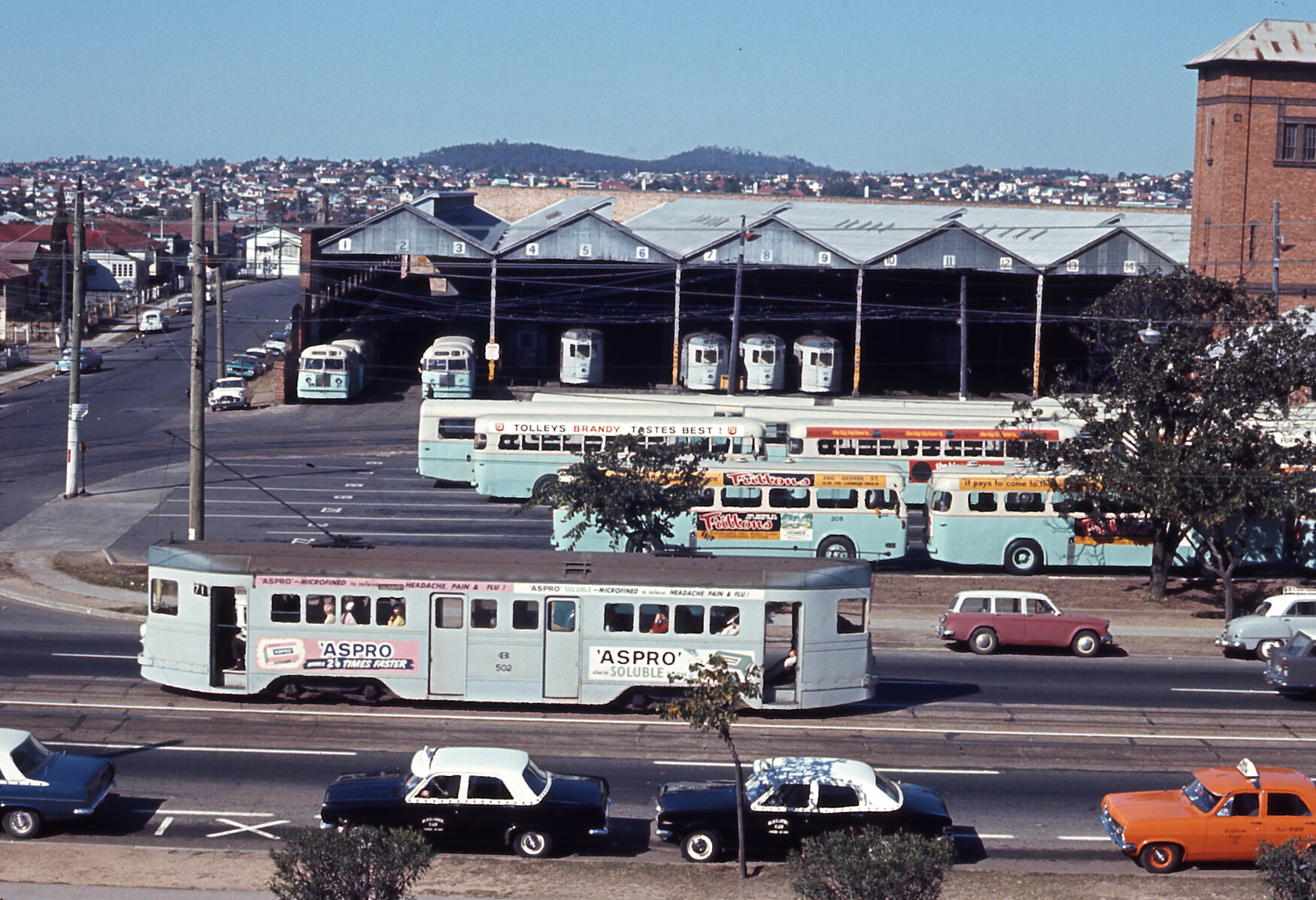 Wide shot of Annerley depot with tram No. 502 and a fleet of buses and other trams - 1968