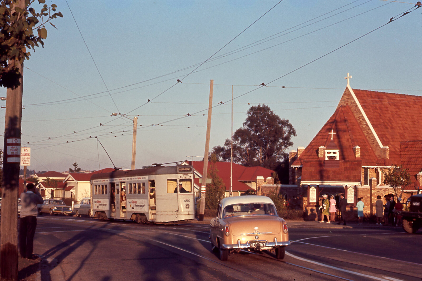 Tram No. 450 at corner of Waterworks Road and Jubilee Terrace outside St Paul's Anglican Church, Ashgrove - 1968