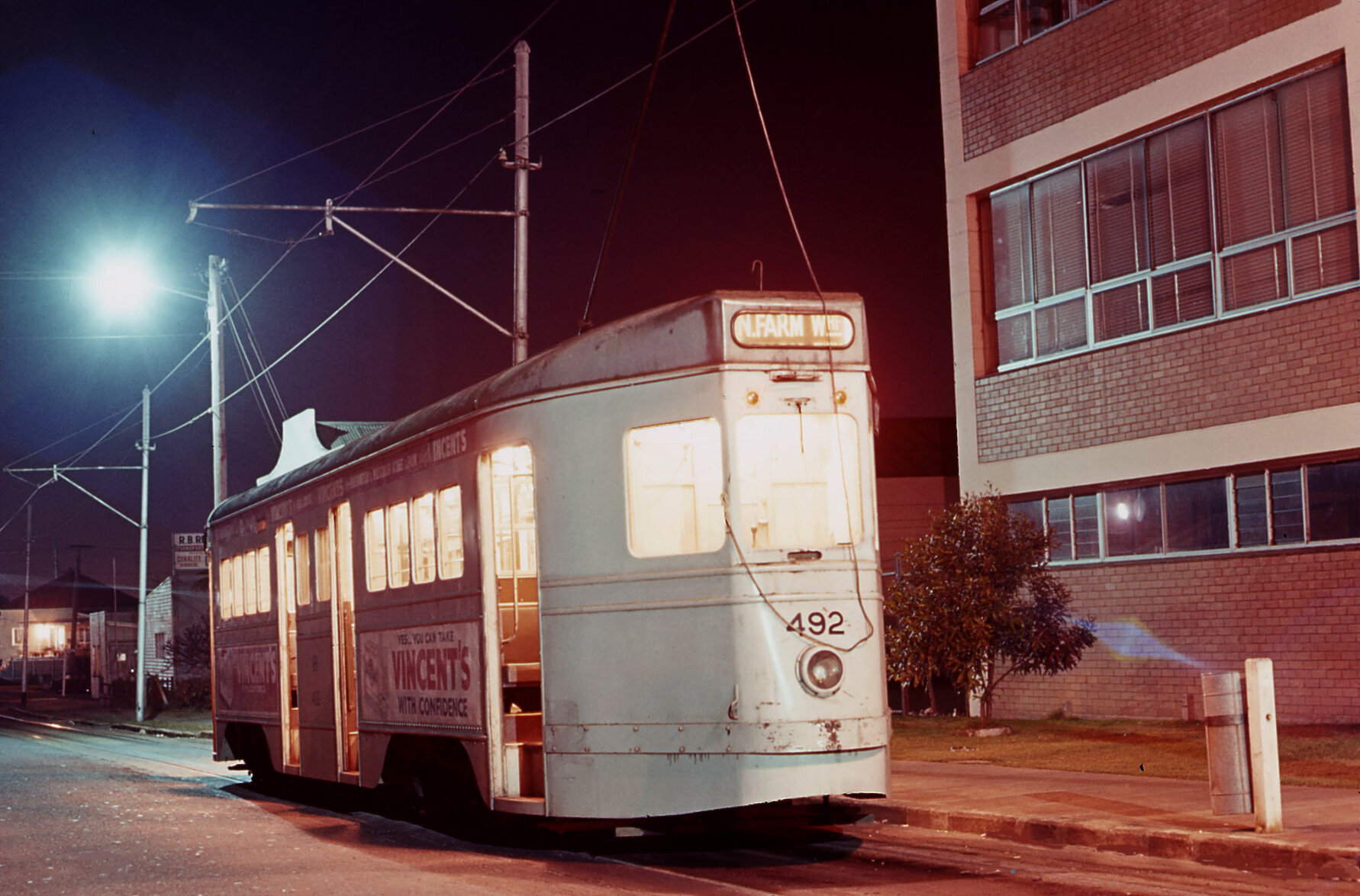 Tram No. 492 at Macquarie Street terminus at night, Teneriffe - 1968