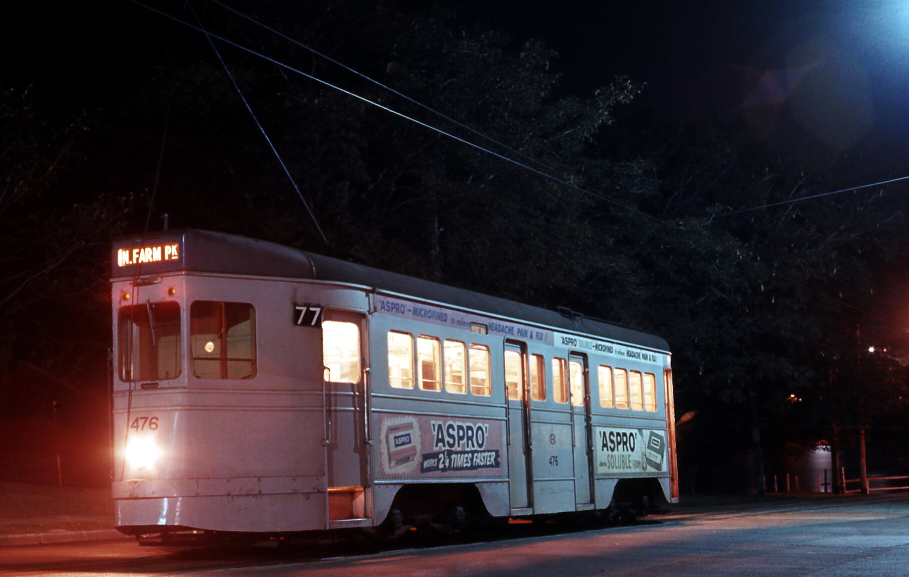 Tram No. 476 parked at New Farm Park terminus at night - 1968