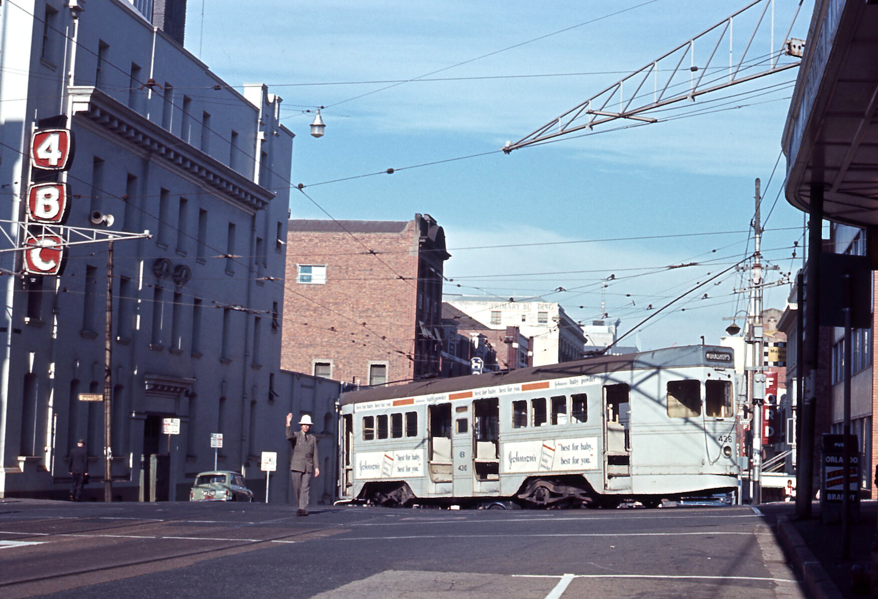 Tram No. 436 turning onto Adelaide Street onto Wharf Street - 1968