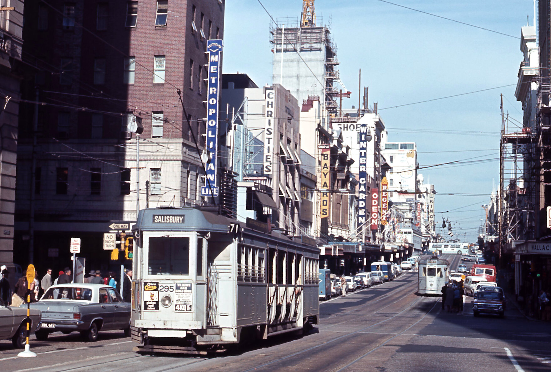 Trams No. 295 and No. 438 on Queen Street outside Wintergarden - 1968