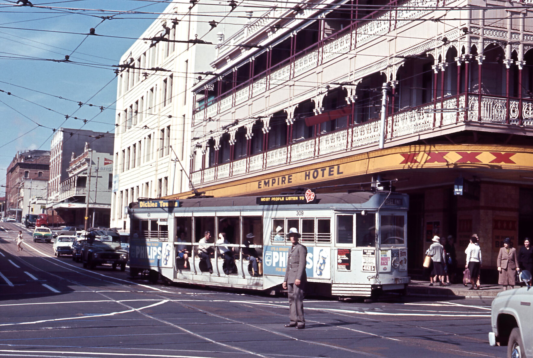 Tram No. 309 outside Empire Hotel at corner of Brunswick Street and Ann Street - 1968