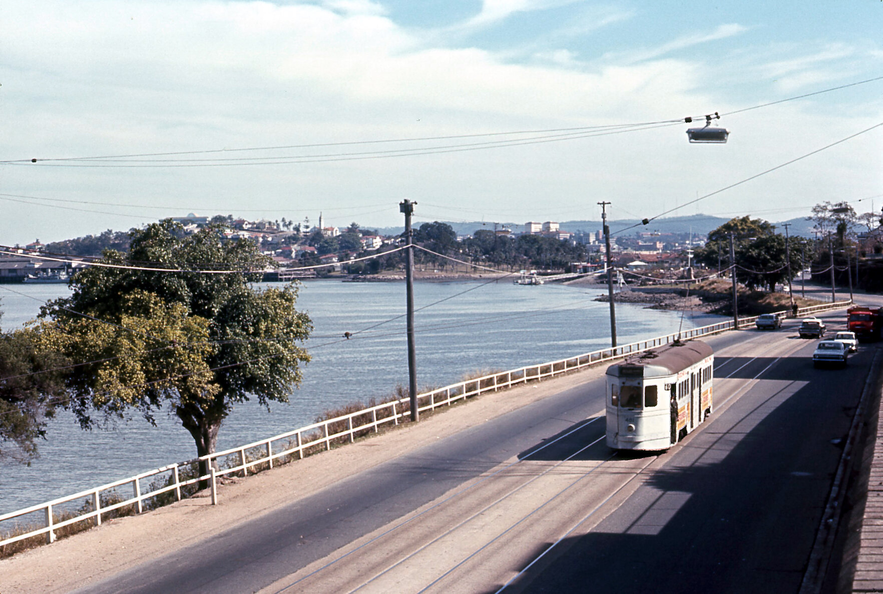 Tram No. 481 on Kingsford Smith Drive, Hamilton, looking west towards Breakfast Creek and Newstead - 1968