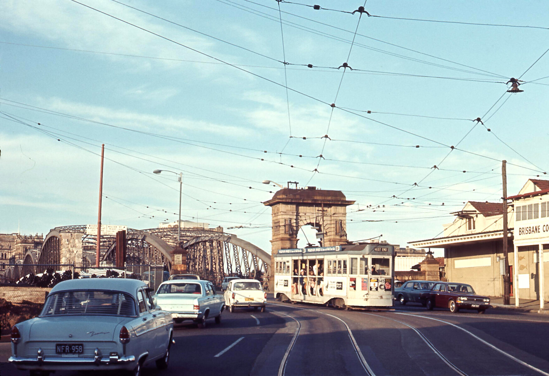 Tram No. 345 leaving Victoria Bridge onto Melbourne Street, South Brisbane - 1968