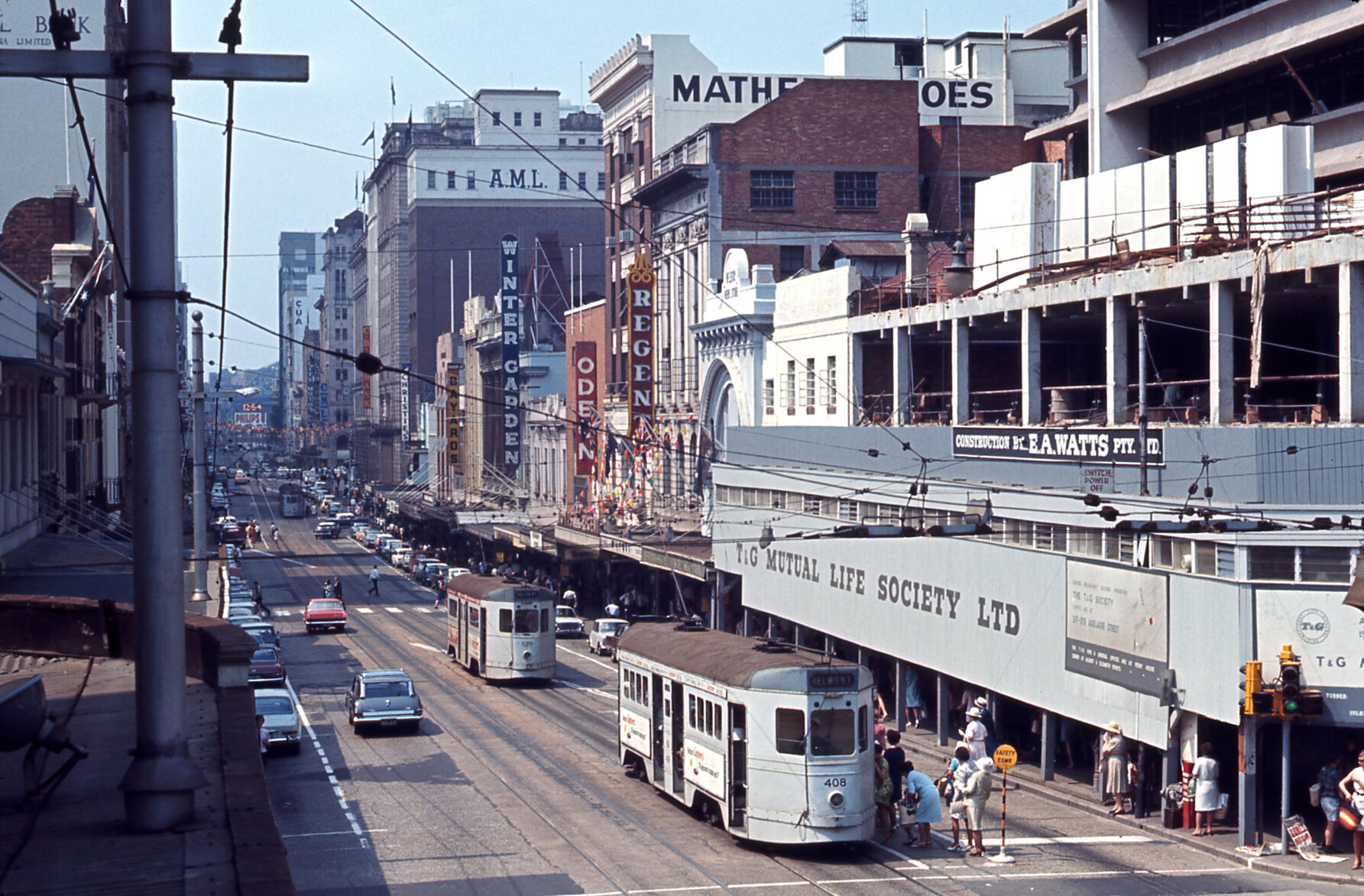 Trams No. 408 and No. 520 on Queen Street, Brisbane City - 1968