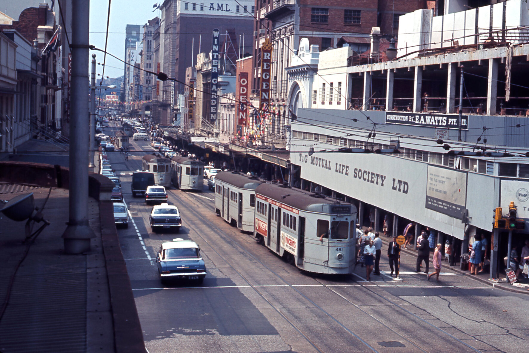 Trams No. 481, No. 521, and No. 495 on Queen Street, Brisbane City - 1968