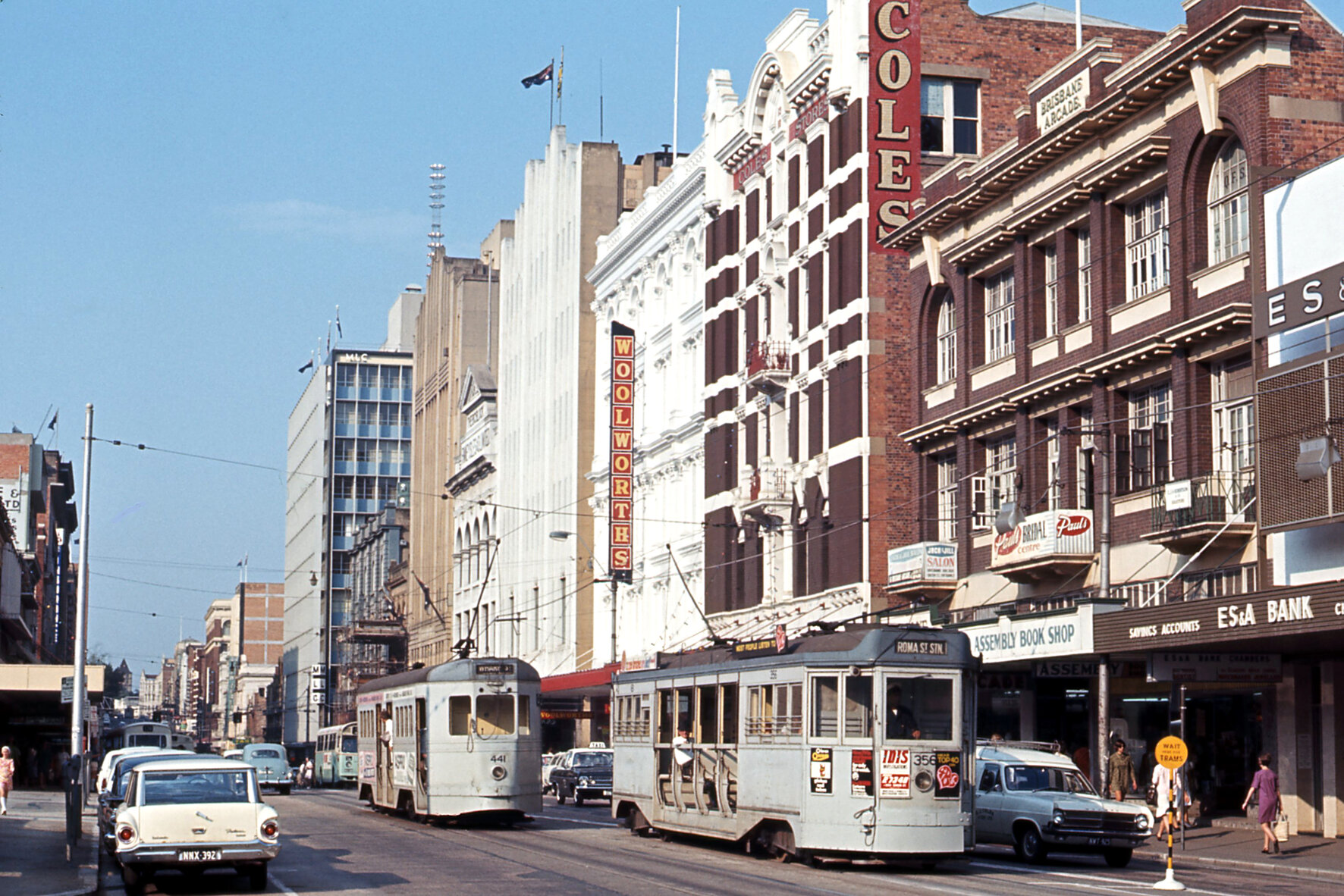 Trams No. 356 and No. 441 in Adelaide Street, Brisbane City - 1968