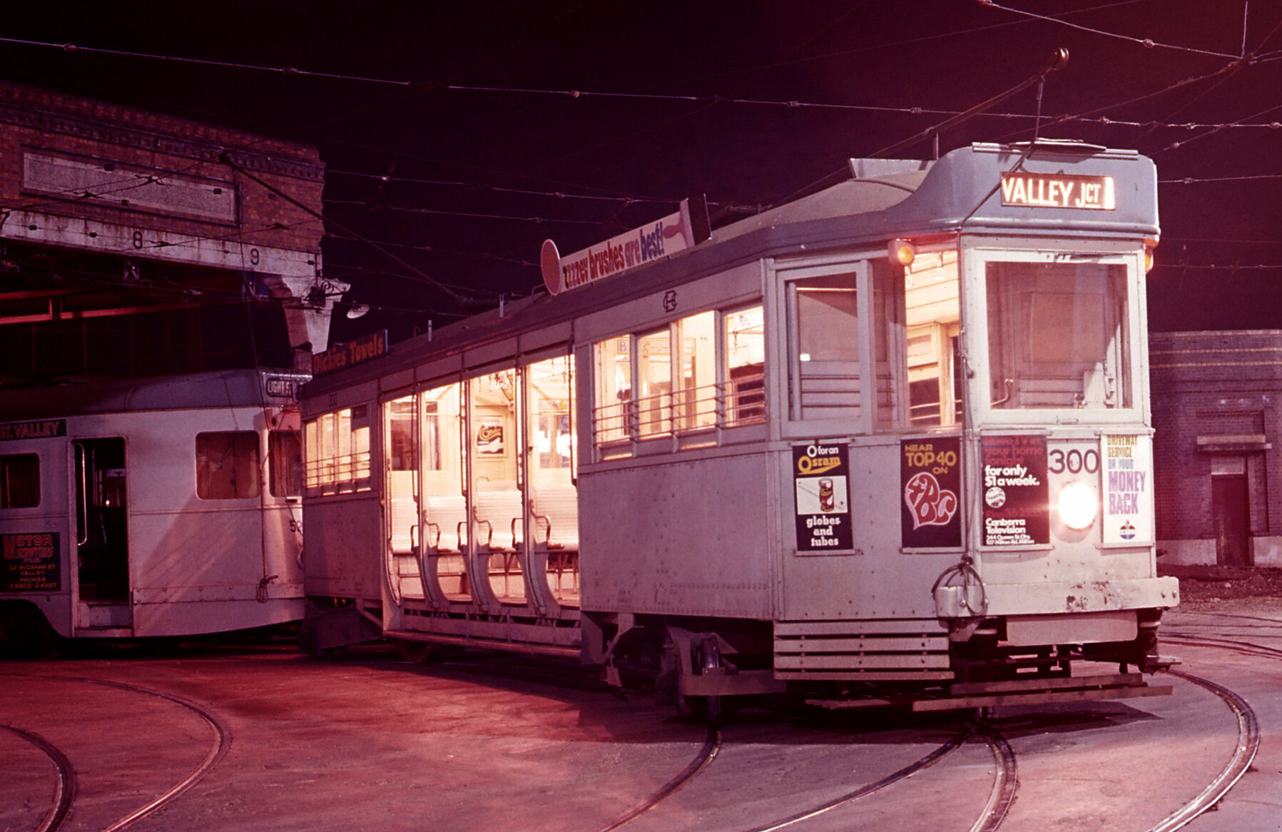 Trams No. 300 and No. 528 at Light Street depot, Fortitude Valley - 1968
