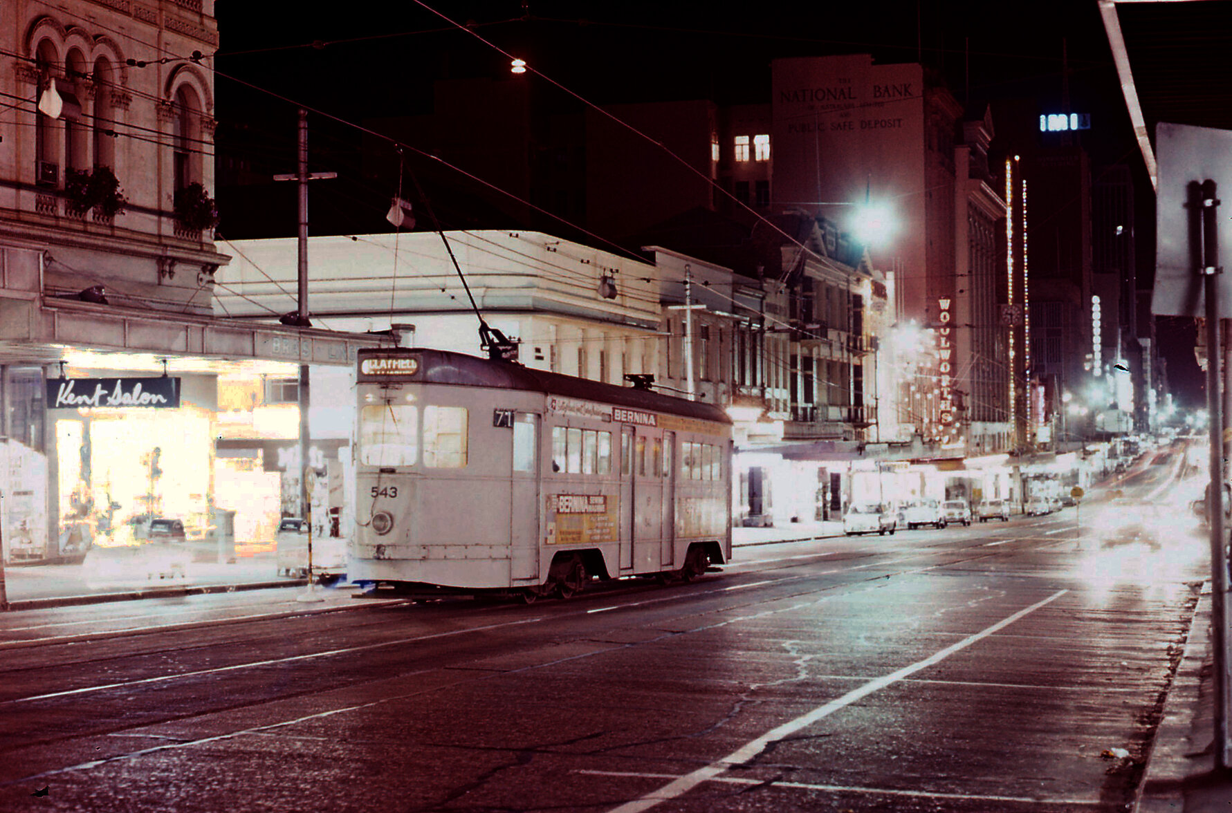 Tram No. 543 at night on Queen Street, Birsbane City - 1968