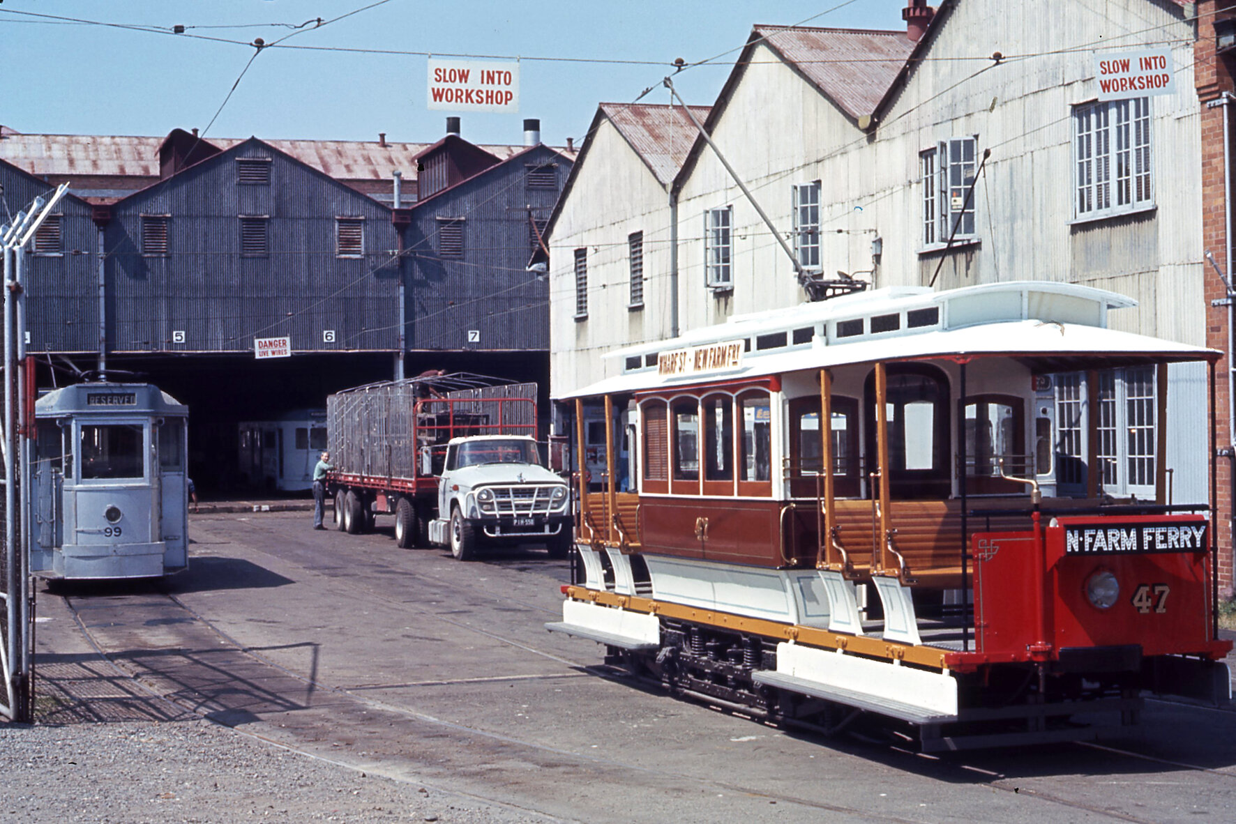 Trams No. 99 and No. 47 at Milton workshop - 1968