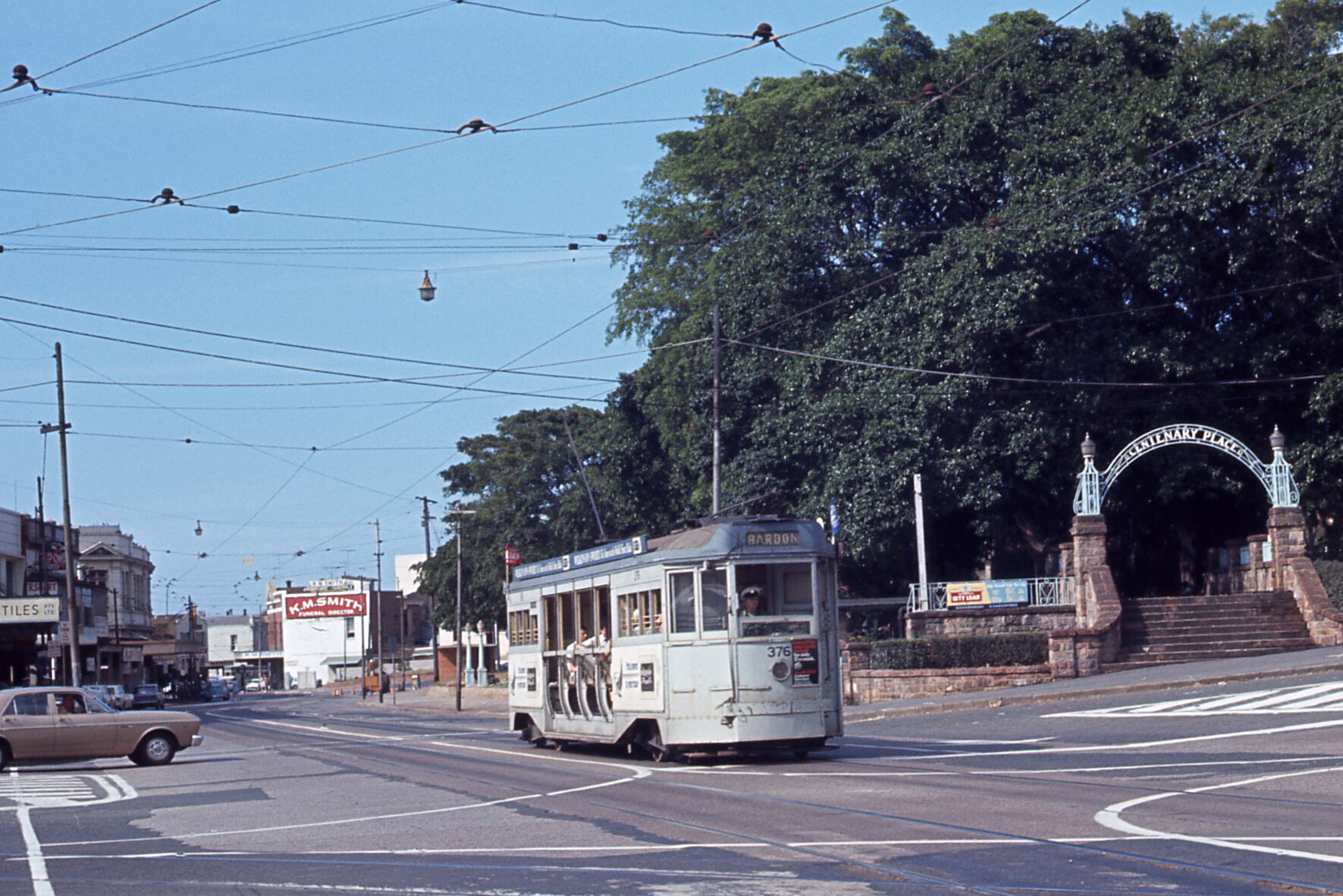 Tram No. 376 outside Centenary Place Park at intersection of Ann Street and Wickham Street - 1968