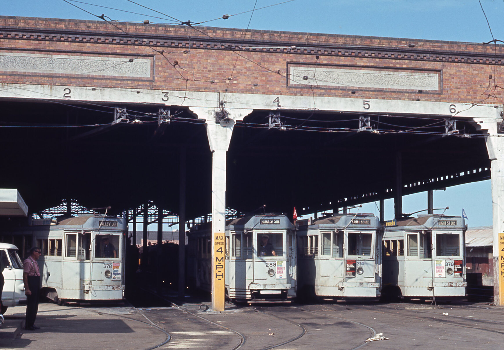 Trams No. 378, No. 289, No. 314 and No. 370 at Light Street depot, Fortitude Valley - 1968
