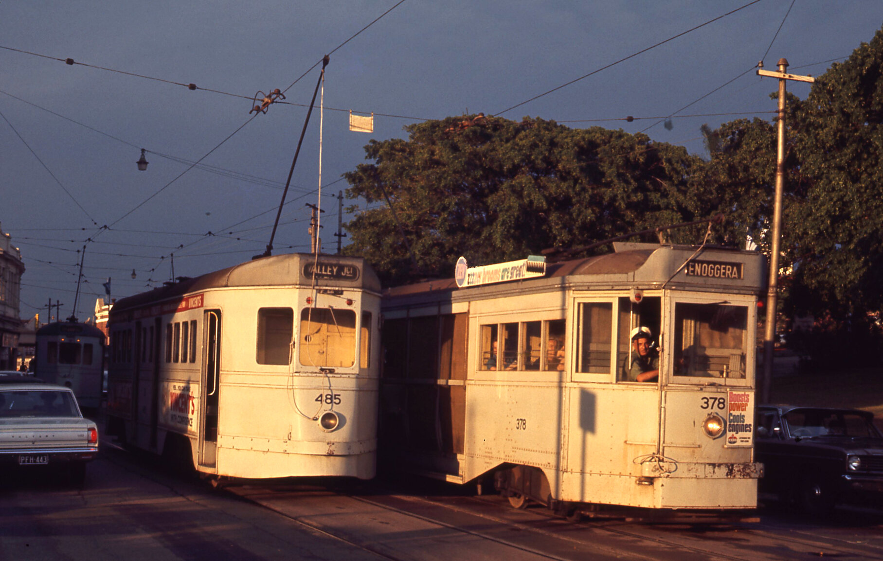 Trams No. 485, No. 378 and No. 440 on Wickham Street, Fortitude Valley - 1968
