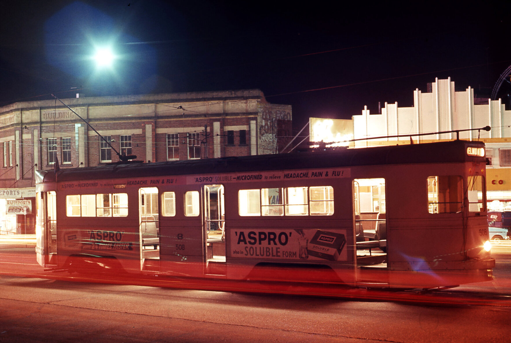 Night shot of tram No. 508 at terminus on St Pauls Terrace, Spring Hill, 1968