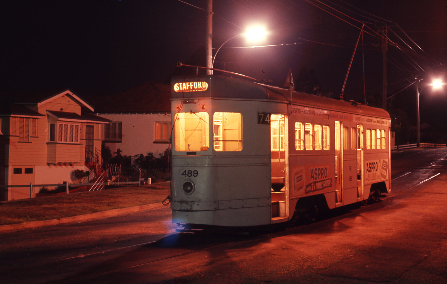 Tram No. 489 at night at Bardon terminus on Morgan Terrace - 1968