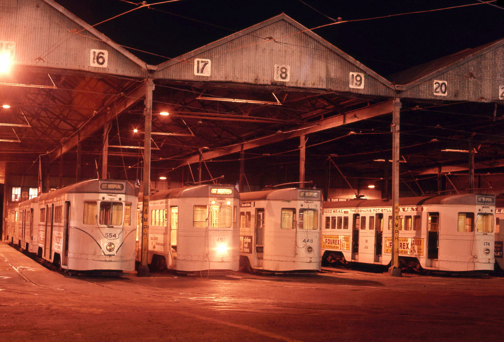 Trams No. 554, No. 450, No. 448 and No 174 at Annerley depot - 1968