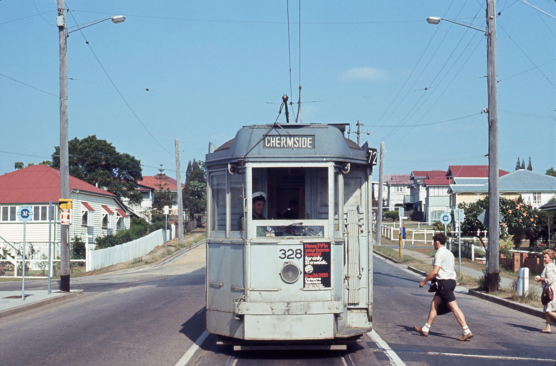 Front shot of tram No. 328 at Samford Road terminus, Enoggera - 1968