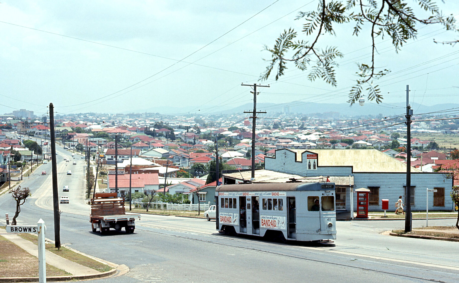 Tram No. 411 on Old Cleveland Road near corner of Brown Street, Camp Hill - 1968