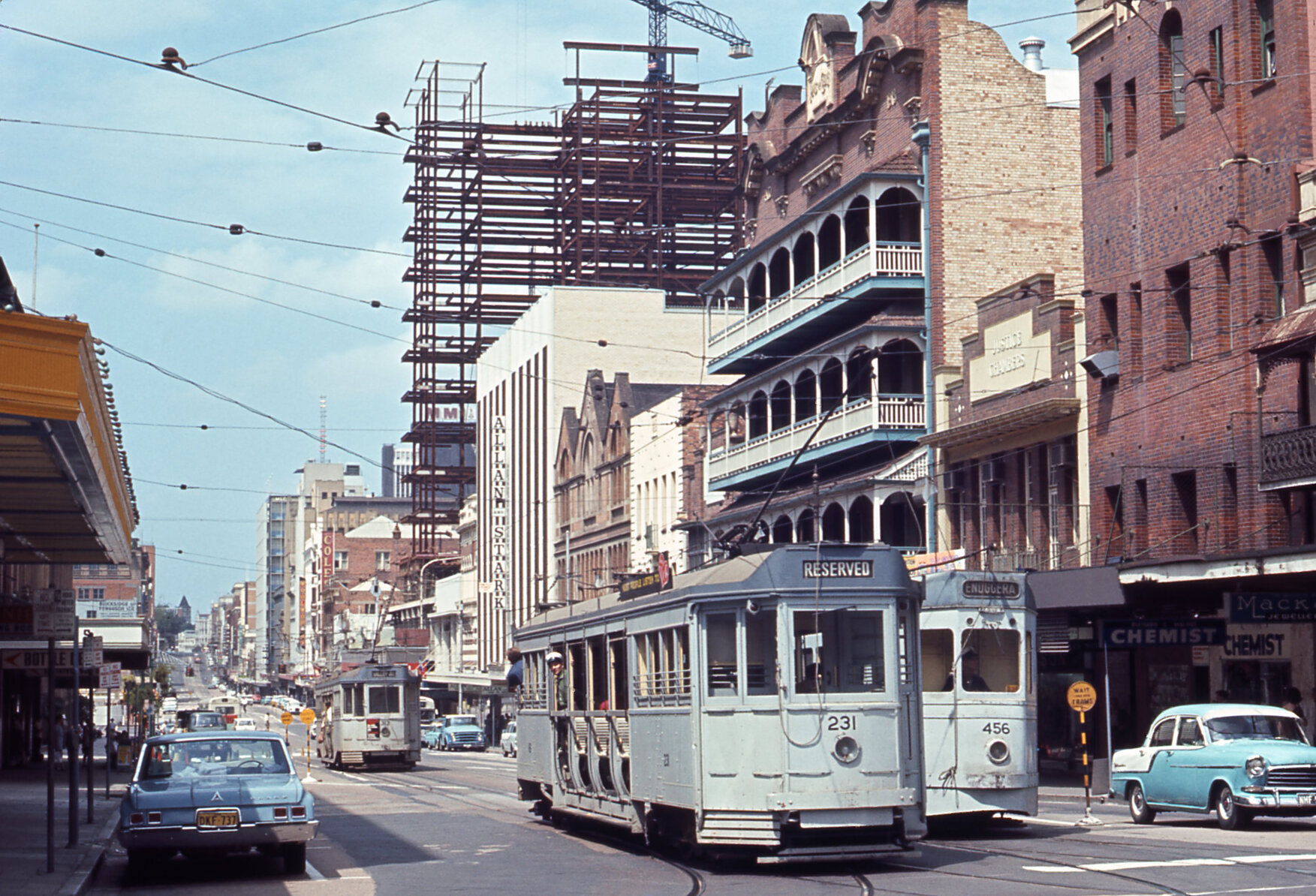 Trams No. 231 and No. 456 at corner of Adelaide Street and George Street - 1968