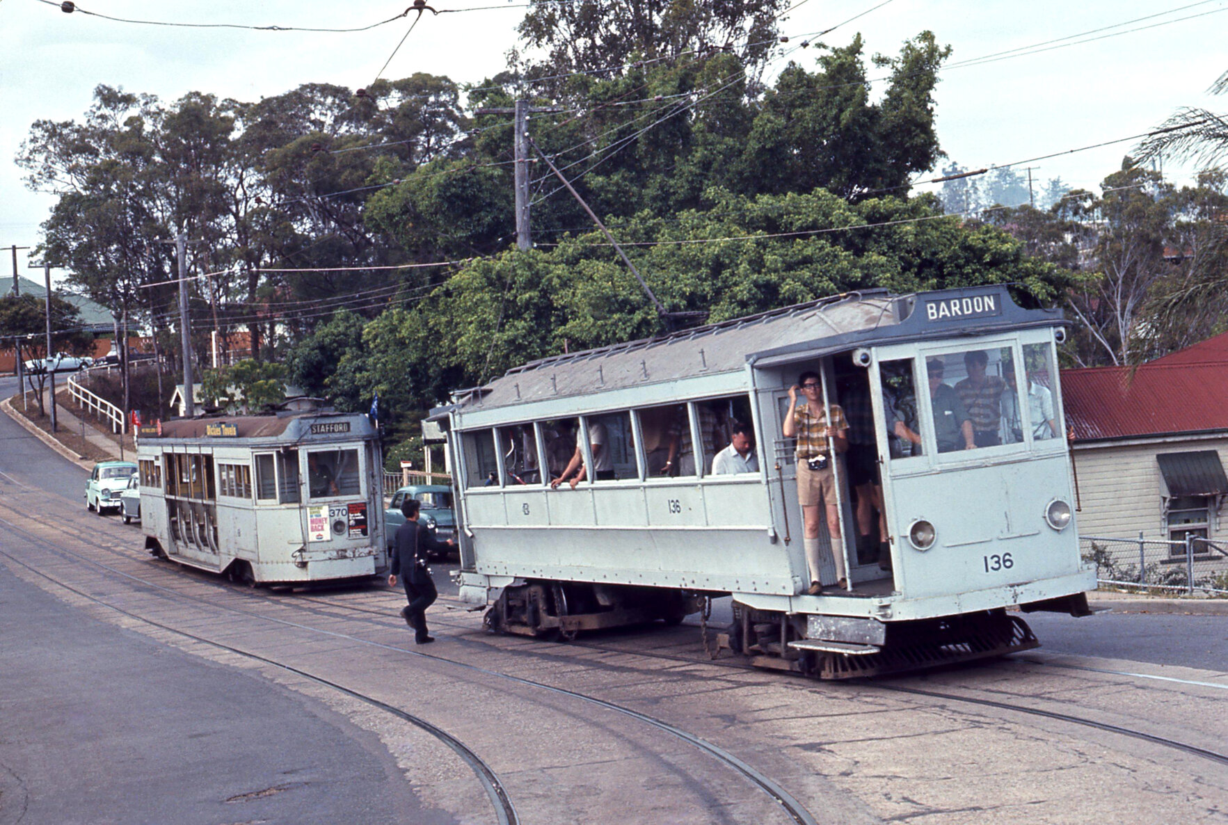 Trams No. 370 and No. 136 on Simpsons Road, Bardon - 1968
