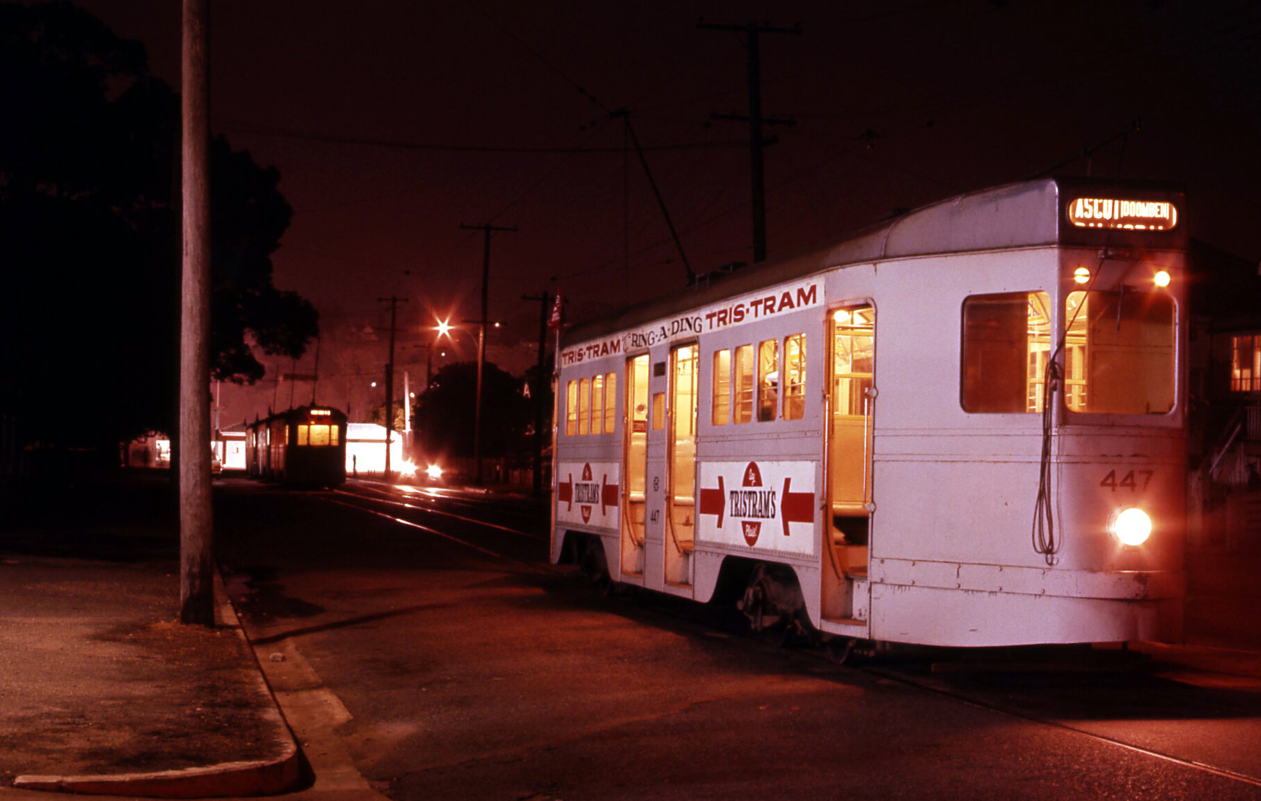 Tram No. 447 on Agnes Street, Fortitude Valley at night - 1968