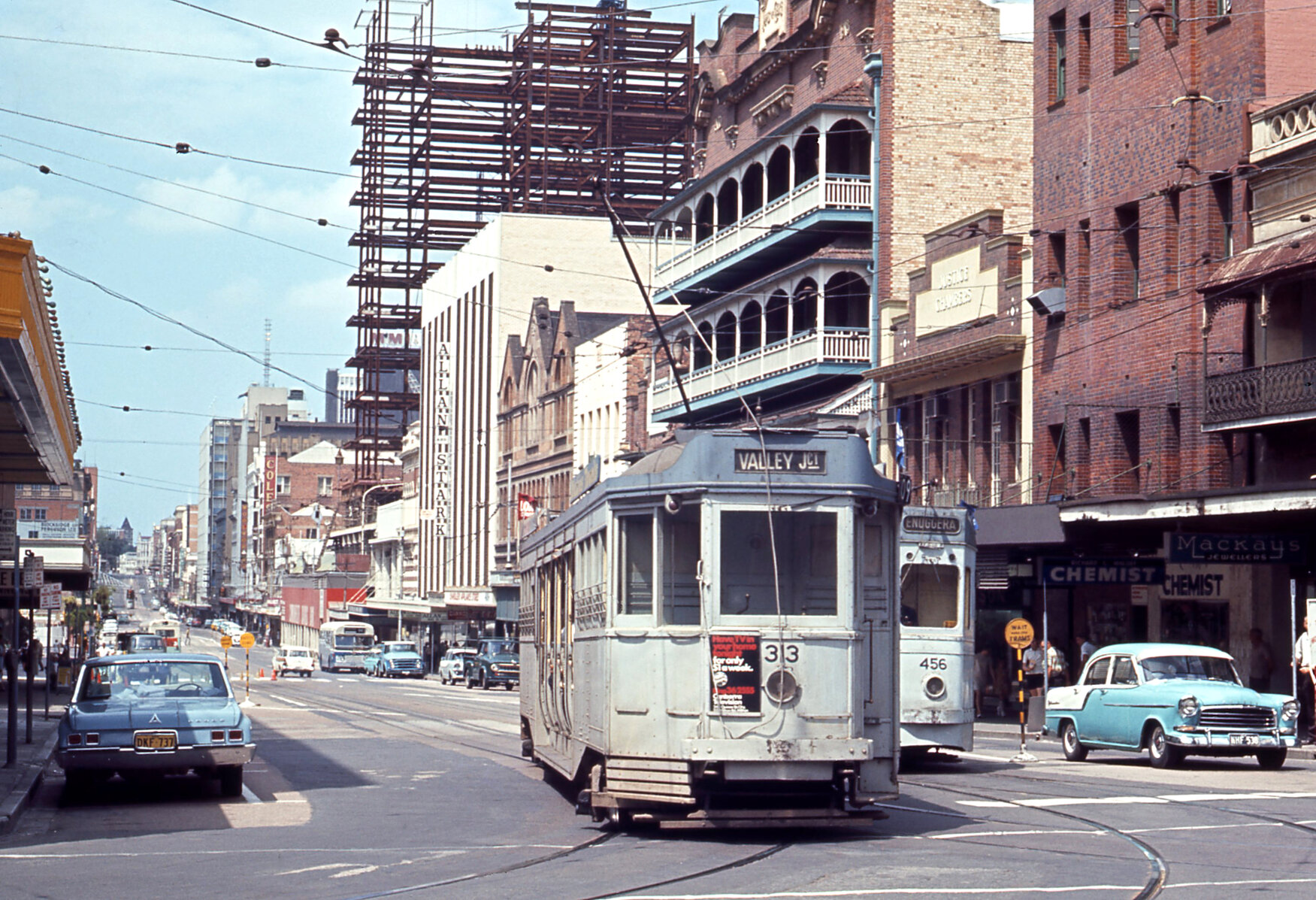 Trams No. 456 and No. 313 at corner of Adelaide Street and George Street - 1968