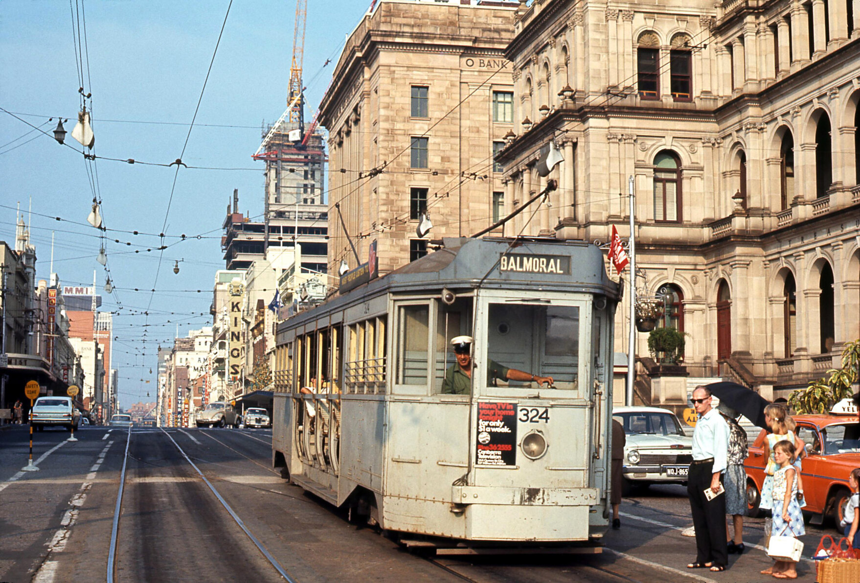 Tram No. 324 outside Bank of NSW building, Queen Street - 1968