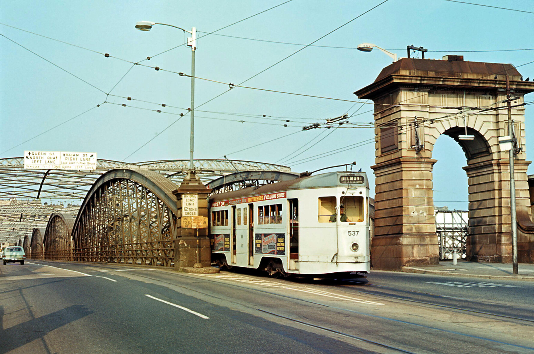 Tram No. 537 leaving Victoria Bridge for Stanley Street, South Brisbane, 1968